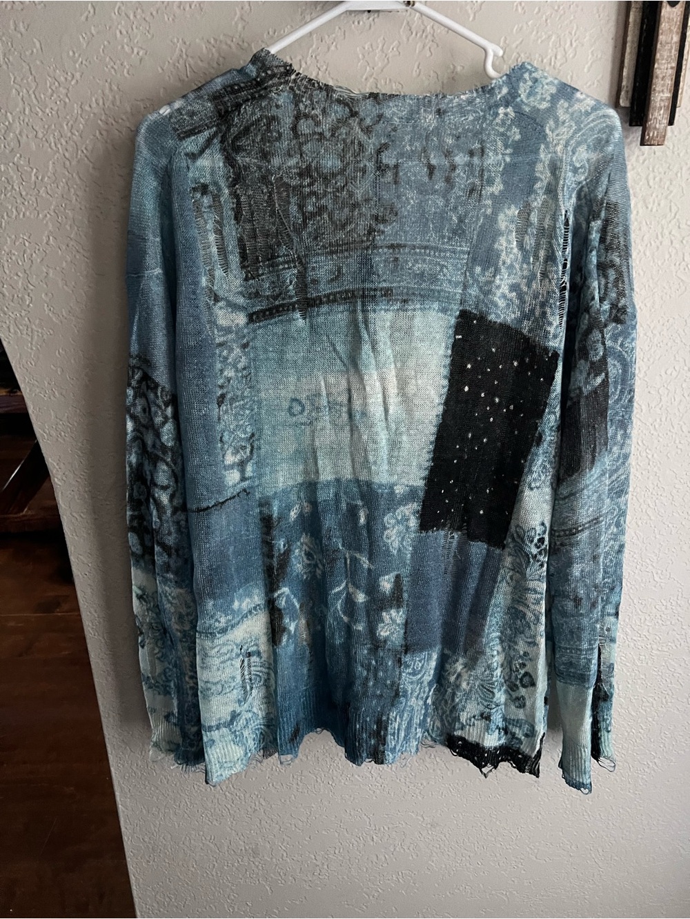 R13 blue multi bandana-print linen cardigan with distressing and a patchwork. - Picture 2 of 5